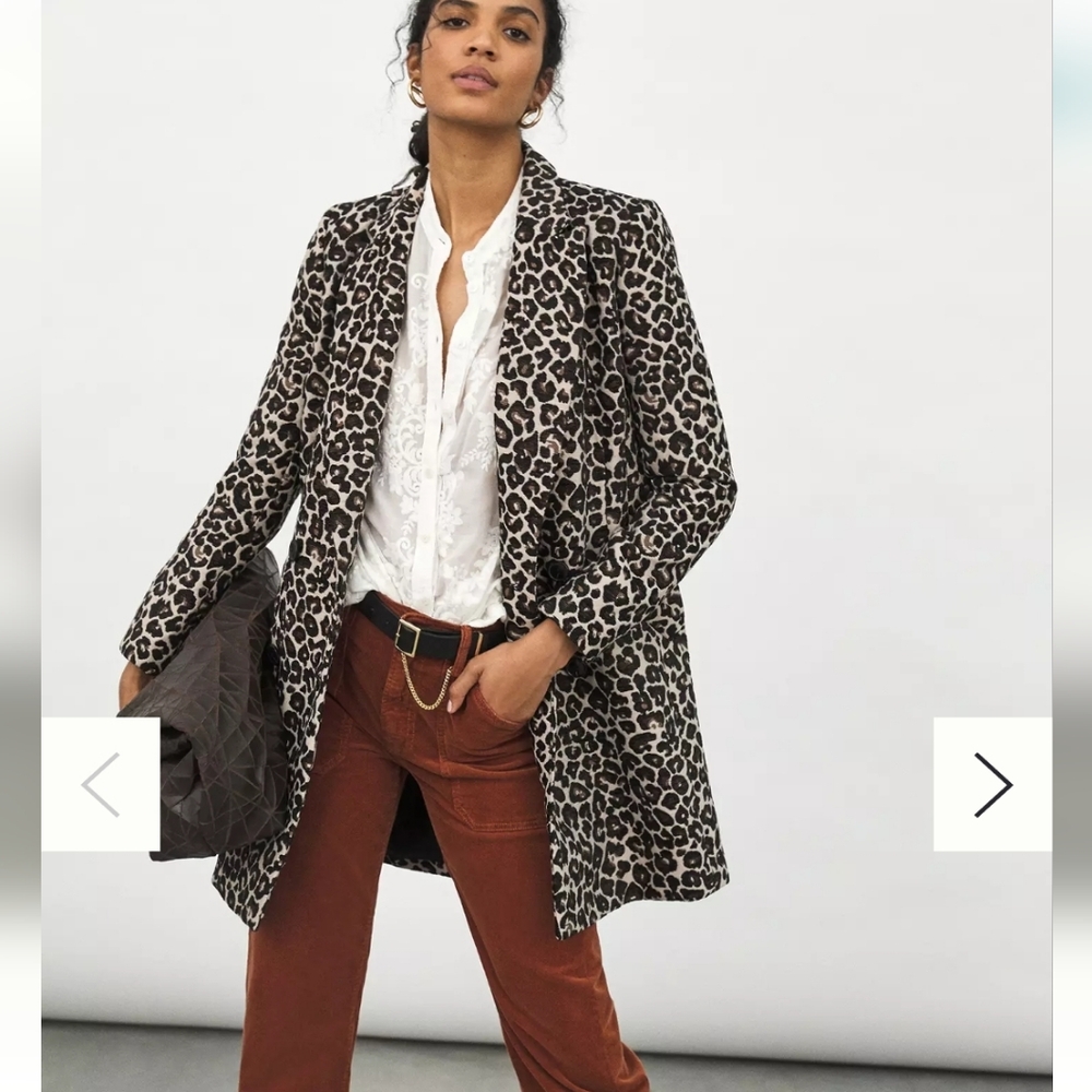 Anthropologie Leopard Print Long Blazer Coat in Black and Cream